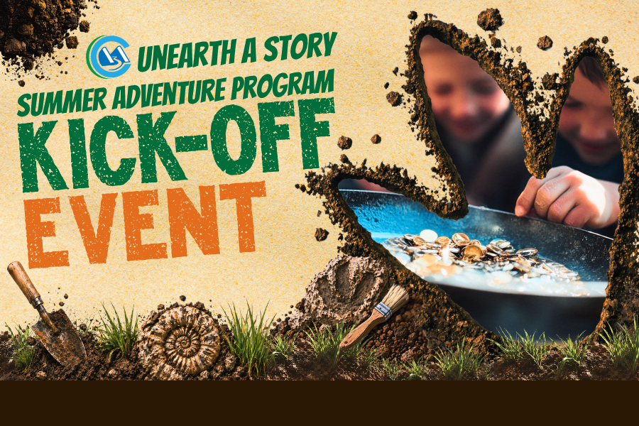 Children explore treasure panning and fossil-themed activities in a promotional graphic for the Summer Adventure Program Kick-Off Event.